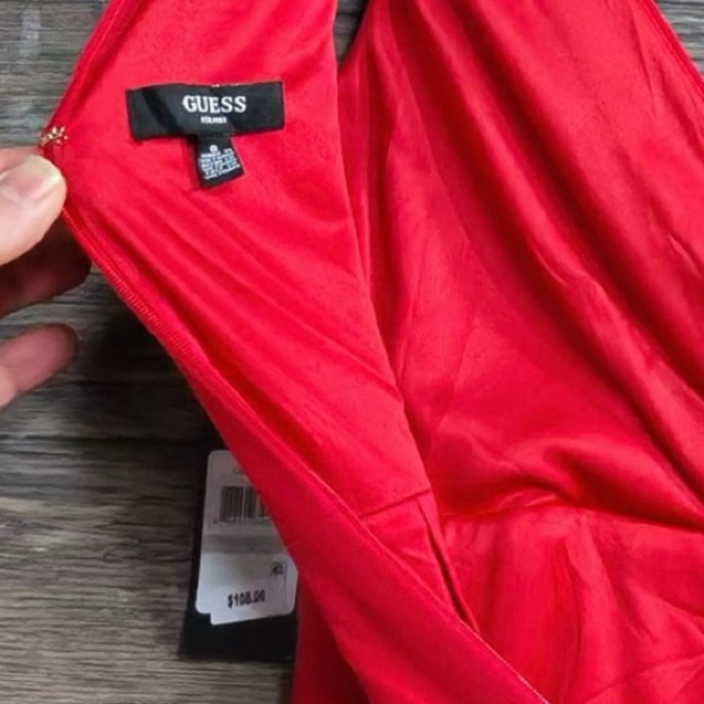 GUESS Red Draped V-Neck Midi Dress - Picture 11 of 13